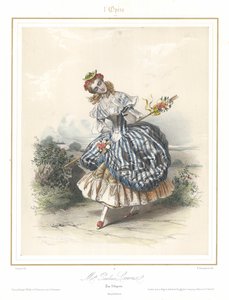 Francouzská baletní tanečnice Pauline Leroux tančí v pařížské opeře, c1840 (barevné lito)