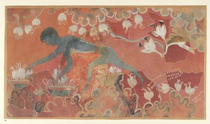 Freska Malba Modré opice Sběrače šafránů z Paláce Minos v Knossosu (Evans Fresco Drawing L/3 a)), cca 1921 (papír, pigment)