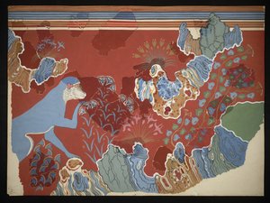 Freska Malba modré opice ve skalnaté krajině z Domu fresek v Knossosu (Evans Fresco Drawing C/6), cca 1928 (papír, pigment)