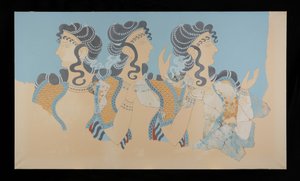 Malba zrestaurovaných dam v modré fresce z paláce Minos v Knossosu (Evans Fresco Drawing O/7)