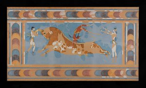 Obraz zrestaurované Taureadorské fresky z Paláce Minos v Knossosu (Evans Fresco Drawing N/4)