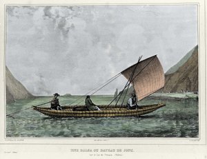 Balsa nebo vyrážková loď na jezeře Titicaca (Bolívie). Litografie Emile Lassalle (1813-1871) - v „“Plbě v Jižní Americe““ Alcide D