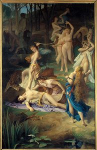 Orpheeina smrt. Bacchanti (nebo Menades) mě uklidnili, Orphee to roztrhala na kousky. Obraz Emile Levy (1826 - 1890)