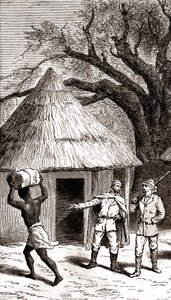 Průzkumníci a nosiči před africkou chýší, 1887 (