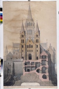 Gotická architektura: průčelí kostela a řez opatských domů. Kresba Městského muzea Avranches (Manche)