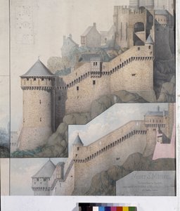 Pohled na machicoulis mezi severní věží a Claudine Tower of Mont Saint Michel. Kresba Emile Sagot. Městské muzeum Avranches (Manche)
