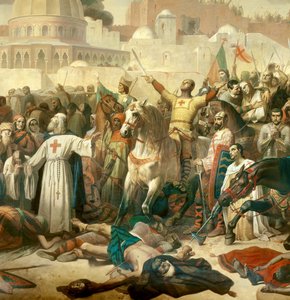 Detail: První křížová výprava: “” Dobytí Jeruzaléma přechodem 15. 7. 1099”” Godefroy de Bouillon dává milost Bohu v přítomnosti Petra poustevníka (nebo poustevníka