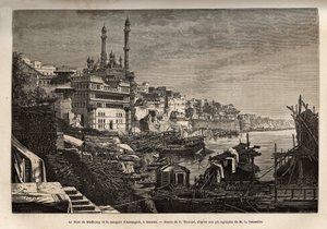 Madhorayův ghát (schody, které pokrývají břehy řeky, které umožňují sestoupit v kontaktu s vodou) a mešita Aurangzeb v Benares, vyrytá podle kresby E. Theronda, znázorňující plavbu rádžahů do Indie v letech 1864-1868 , od Louise Ro od Emile Theodore Therond