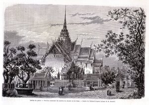 Palácová zahrada. Pavilon obsahující popel posledního krále Siamu. Kresba Thérond z alba M. Mouhota. “Tour du monde” od Emile Theodore Therond