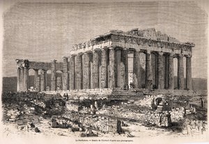 Parthenon, Athény, kresba Theronda, k ilustraci příběhu M.A.Prousta, zimy v Athénách