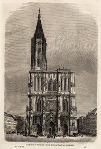 Fasáda katedrály ve Štrasburku, kresba Theronda, k ilustraci cesty Victora Duruye z Paříže do Bukurešti v roce 1860. Rytina „“Le tour du monde““ 1861. Selva sbírka.