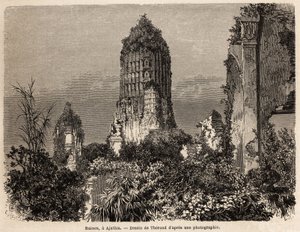 Ruiny pořízené ve vegetaci džungle v Ajuthii (Thajsko), kresba Theronda, pro ilustraci cesty královstvími Siam, Kambodža a Laos, od roku 1858 do roku 1861, od Henriho Mouhota. Rytina v „“Le tour du monde““, editoval Edouard