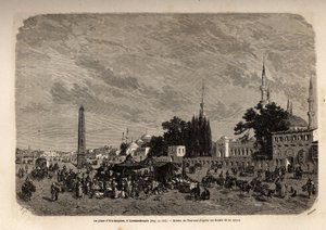 Náměstí Ett Meydan, Konstantinopol (dnešní Istamboul, Turecko), kresba Theronda pro ilustraci studie o tureckých ženách z roku 1862 od F. Jeruzaléma. Rytina v „“Le tour du monde““, editoval Edouard Charton