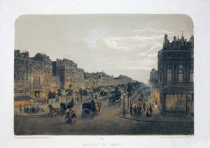 Boulevard du Temple, Paříž. Litografický akvarel, ilustrace E.de la Tramblaiz, v „Album, souvenirs de Paris“, editor Daziaro, Paris od Emile de la Tramblais