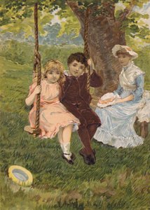 Chlapec a dívka sedící na houpačce (chromolit)
