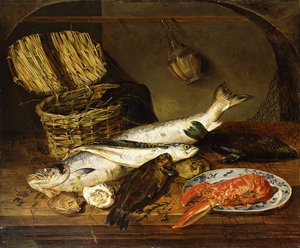 Losos, makrela, humr na talíři, proutěný košík, ústřice, láhev Chianti a rybářská síť na dřevěném stole, 1854