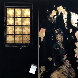 Limbo Diptych, 2021 (olej, akryl, potisk s přenosem tepla a imitace plátkového zlata) od Emma Prempeh