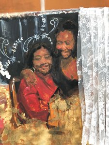 Matrilineality, 2019, olej, akryl, látka, tisk a imitace plátkového zlata na plátně od Emma Prempeh