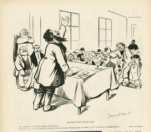 Ilustrace Emmanuela Barceta (1870-1940) v Le Rire, 09.05.08 - Komunální volby - Volby, Politická schůze, schůze, volební schůze, komunální volby