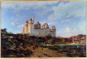 Pohled na hrad Pierrefonds v obraze Oise od Emmanuela Lansyera (1835-1893) Beauvais z 19. století. Musee departement de l