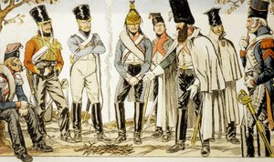Armee Francaise 1810 zleva doprava kůň-leger lancier Houzard-jezdec Dutrain Dragon