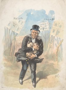 Muž držící pytlíky s penězi, zatímco se banky hroutí, konec 19.-začátek 20. století. od Emmanuel Wyttenbach