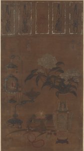 Zátiší: váza s pivoňkami a bric-a-brac, dynastie Ming, cca 1105-1135. od Emperor Huizong