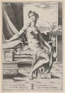 Lucretia nahá a sedící před oknem, v pravé ruce dýku a d..., ca. 1535-67.
