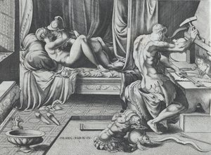 Venuše a Mars se objímají jako Vulcan Works at His Forge, 1543.