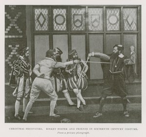 vánoční slavnosti. Anglický umělec Myles Birket Foster a přátelé v kostýmu 16. století (černobílá fotografie) od English Photographer