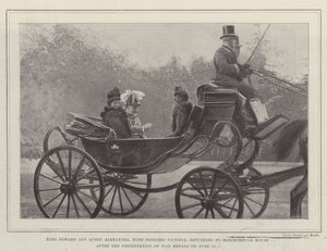 Král Edward a královna Alexandra s princeznou Victorií se vracejí do Marlborough House po předávání válečných medailí 12. od English Photographer