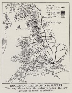Mapa znázorňující, jak železnice v Anglii co nejvíce sledují nízkou zem (černobílá fotografie) od English Photographer