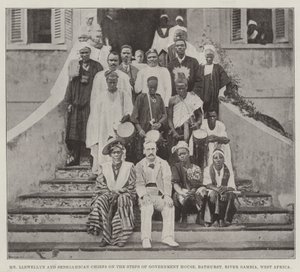 Pan Llewellyn a senegambští náčelníci na schodech vládního úřadu, Bathurst, řeka Gambie, západní Afrika od English Photographer