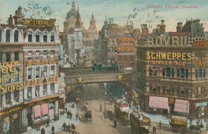 Pohlednice Ludgate Circus, Londýn, odeslána v roce 1913 (ručně kolorovaná fotografie) od English Photographer