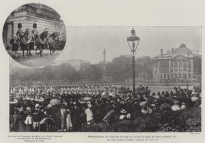 Prezentace barev 3. skotské gardě králem Edwardem VII. na přehlídce Horse Guards dne 24. května od English Photographer