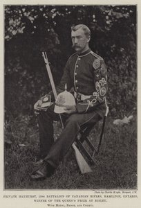Vojín Hayhurst, 13. prapor kanadských pušek, Hamilton, Ontario, vítěz Queens Prize v Bisley, s medailí, odznakem a šekem od English Photographer