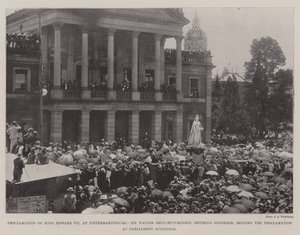 Provolání krále Edwarda VII v Pietermaritzburgu, Sir Walter Hely-Hutchinson, guvernér v důchodu, čtení Proklamace v budovách parlamentu od English Photographer
