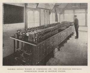 Železniční návěsti používané Compressed Air, nízkotlaký pneumatický blokovací rám na stanici Grateley od English Photographer