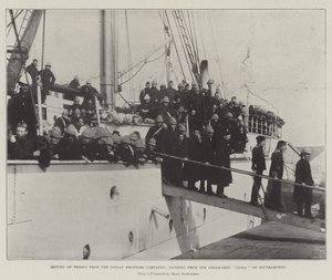 Návrat vojáků z indické pohraniční kampaně, přistání z parní lodi Nubia v Southamptonu od English Photographer