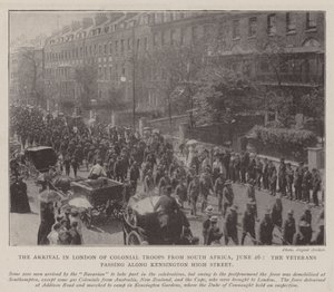 Příjezd koloniálních jednotek z Jižní Afriky do Londýna, 26. června, veteráni projíždějící po Kensington High Street od English Photographer