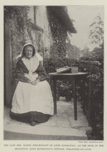Zesnulá paní Bakerová (potomek Anne Hathawayové), u dveří své rezidence, Anne Hathaways Cottage, Stratford-on-Avon od English Photographer