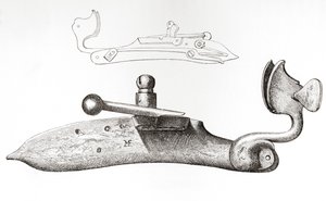 Matchlock ze 17. století. Mechanismus nebo zámek používaný pro střelbu z ruční střelné zbraně, z knihy The British Army: Its Origins, Progress and Equipment, publikované v roce 1868. od English School