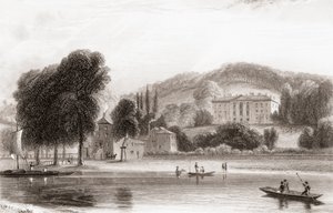 Pohled z 19. století na Beaumont Lodge, Old Windsor, Berkshire, Anglie. Prodán v roce 1854 Tovaryšstvu Ježíšově a přejmenován na Beaumont College, jezuitskou veřejnou školu. Z Churton