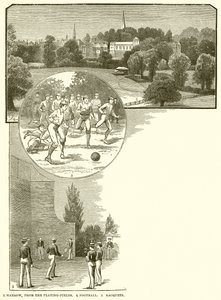 1. Harrow, z herních polí. 2. Fotbal. 3. Rakety od English School