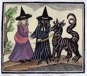 Černobílá čarodějnice s ďábelským zvířetem, ilustrace ze sbírky učebnic o esoterice (později kolorování) od English School