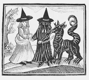 Černobílá čarodějnice s ďábelským zvířetem, ilustrace ze sbírky esoterických knih od English School