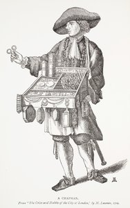 A Chapman, z Výkřiky a zvyky města Londýna od M. Lauren, 1709, frontispisová ilustrace z Chap-books of the Eighteenth Century od Johna Ashtona, pub. 1882 od English School