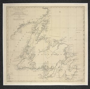 Obecná tabulka ostrova Newfoundland s kameny a sondami, čerpaná z průzkumů pořízených... James Cook a Michael Lane od English School