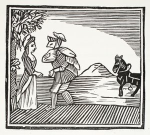 Gentleman se jde poradit s Mother Bunch, ilustrace z Chap-books of the Eighteenth Century od Johna Ashtona, hospoda. 1882 od English School