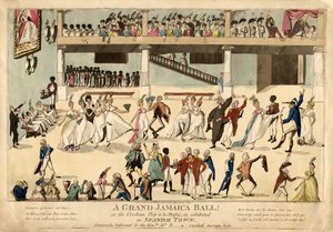 Grand Jamaica Ball nebo kreolský hop a la muftee ve španělském městě, hospoda. 1802 (ručně kolorovaná rytina) od English School